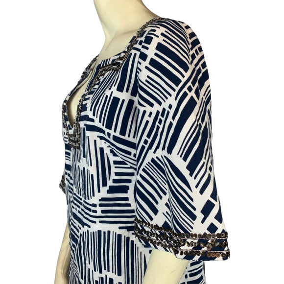 Trina Turk Womens Lek Bamboo Forest Shift Dress White Blue Geometric Sequin M/L - Picture 5 of 12